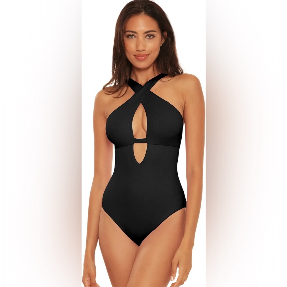 Becca Tessa Fine Line Cross Front Cutout One-Piece Swimsuit